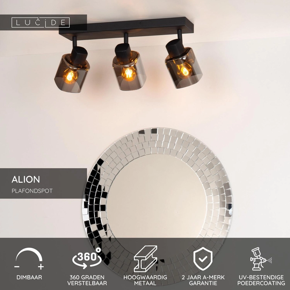 Plafondlamp Alion 3-lichts zwart met smoke glas Lucide 5411212177001