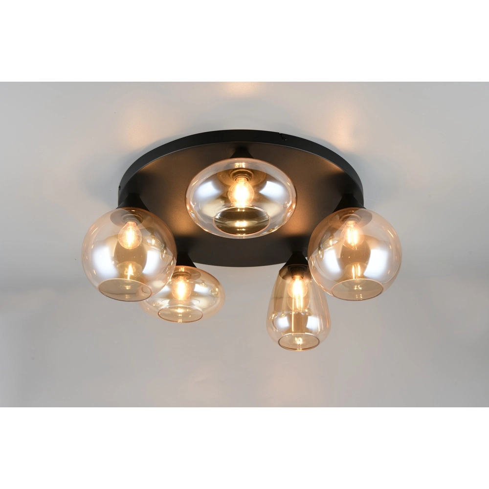 5-lichts plafondlamp Lumina zwart met amber glas Trio 4017807663174