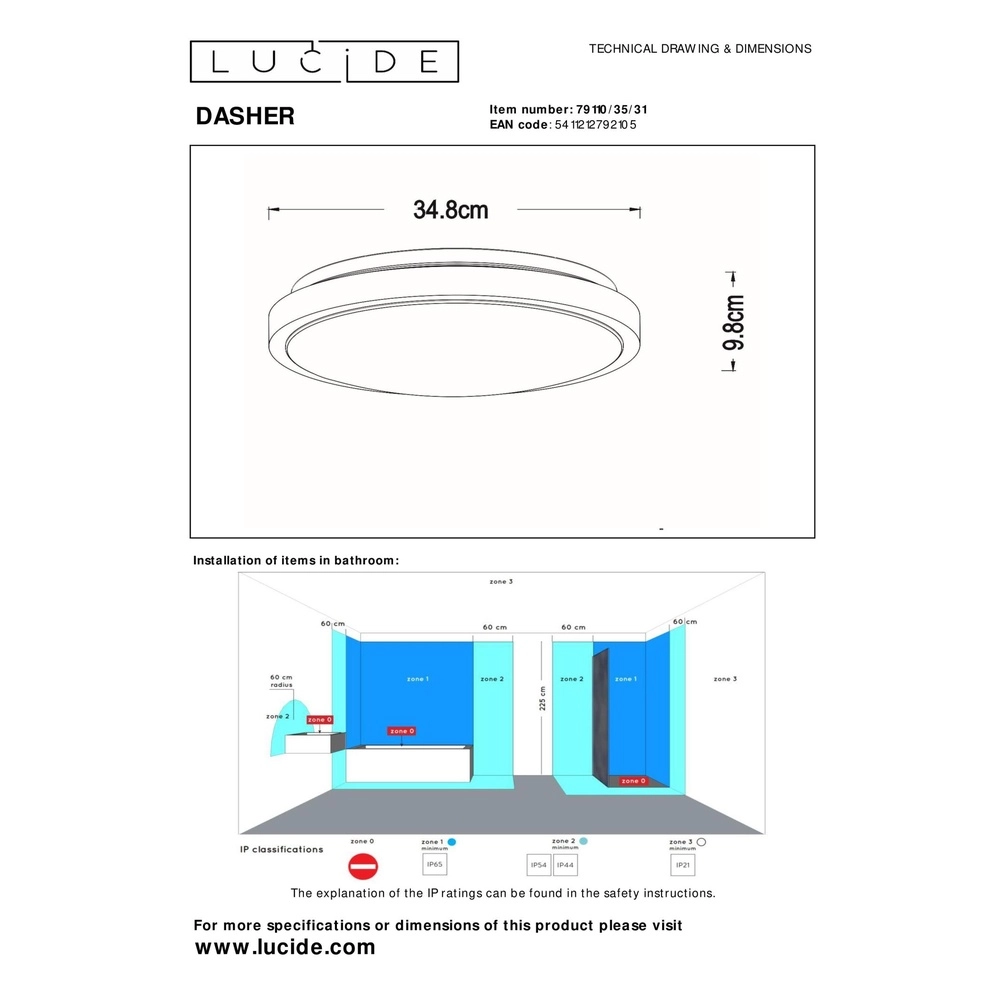 Witte plafonniere Dasher Ø 34,8cm IP44 voor badkamer Lucide 5411212792105