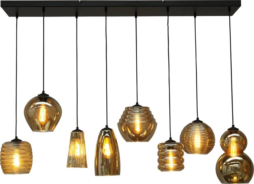 8-lichts hanglamp Quinto 8 zwart met smoke glas