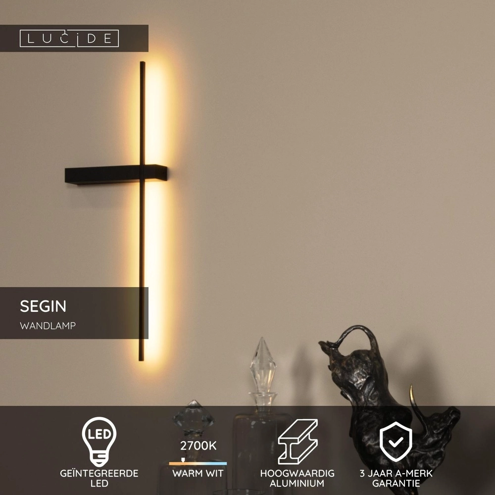 Strakke wandlamp Segin zwart 60cm Lucide 5411212126900