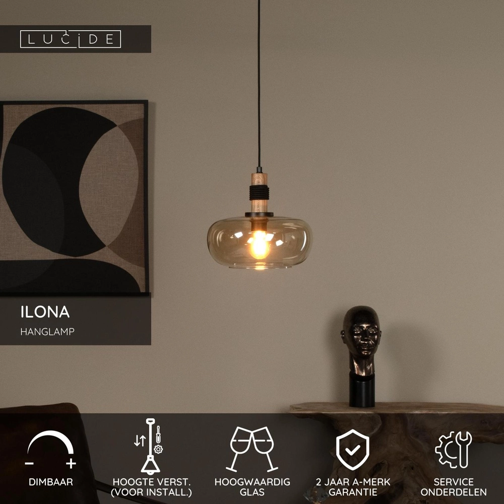 Hanglamp Ilona Ø 30cm zwart met amber glas Lucide 5411212452672