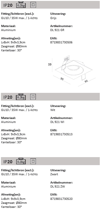 GU10 inbouwspot Downel wit Artdelight 8719831730513