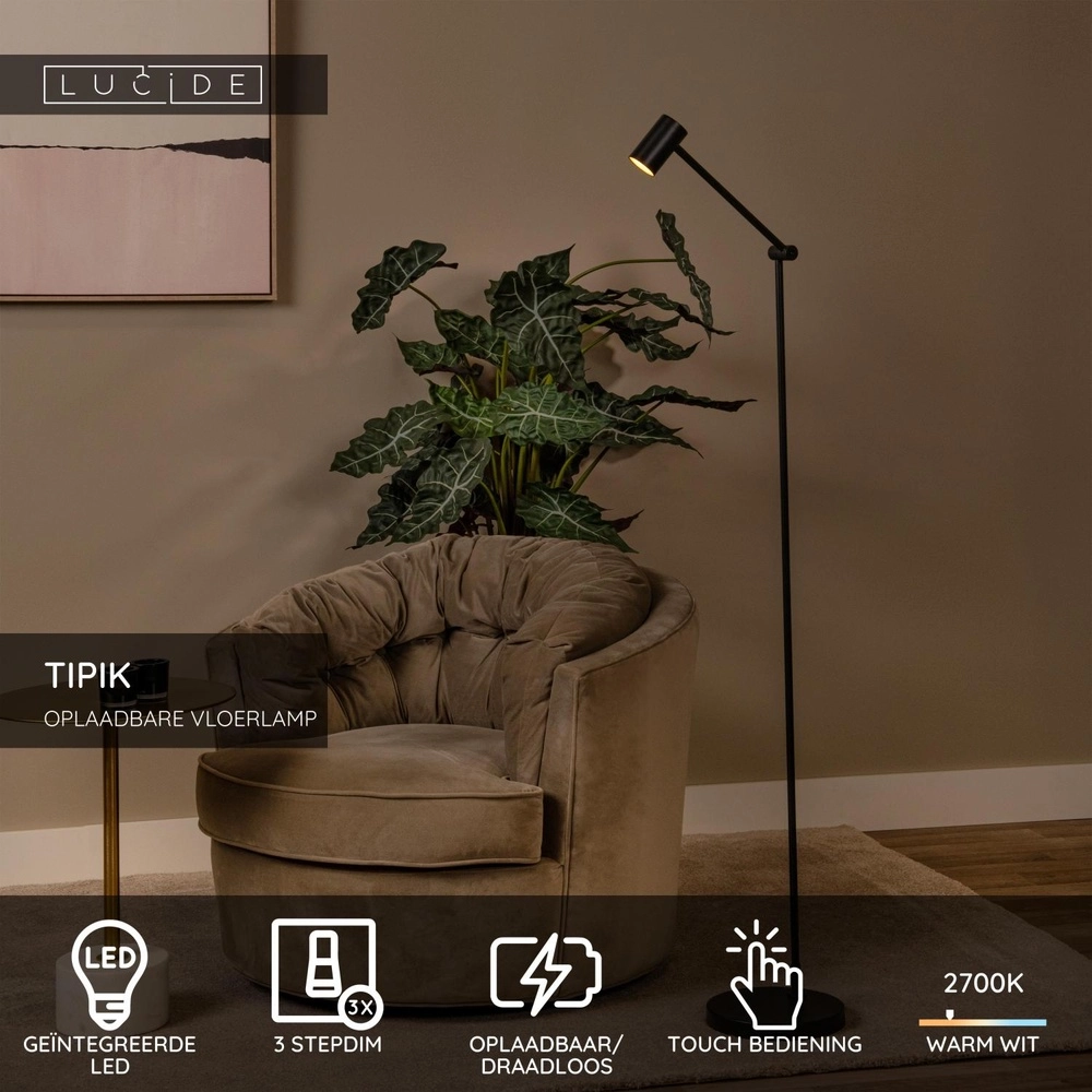 Oplaadbare vloerlamp Tipik zwart Lucide 5411212361349