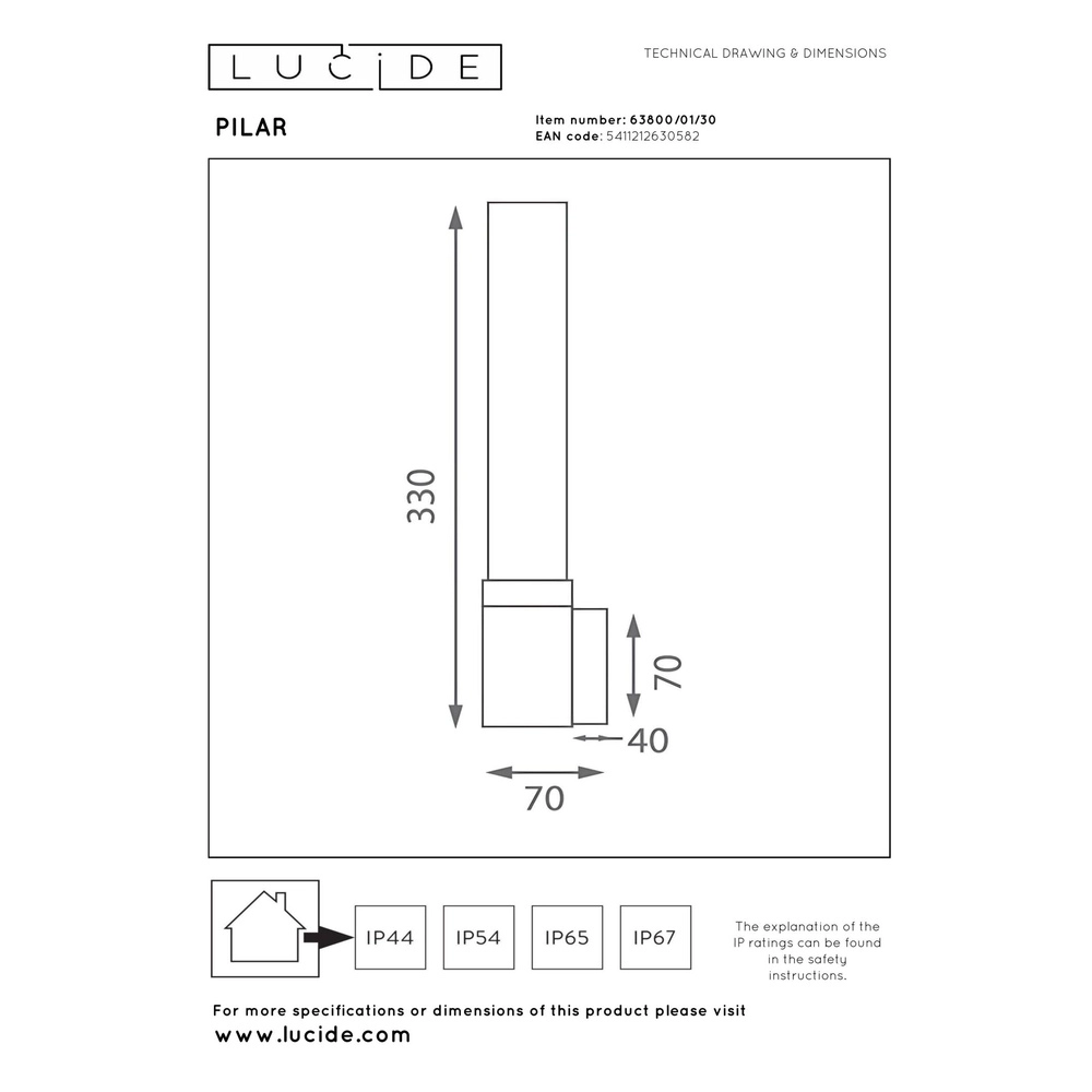 Design wandlamp Pilar enkel zwart Lucide 5411212630582