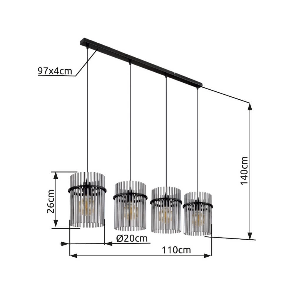 Zwarte hanglamp Gorley met smoke glas 4-lichts Globo 9007371448180