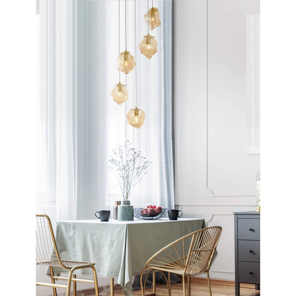 Hanglamp Odelle 5-lichts goud met amber glas Lyora 5212017434401