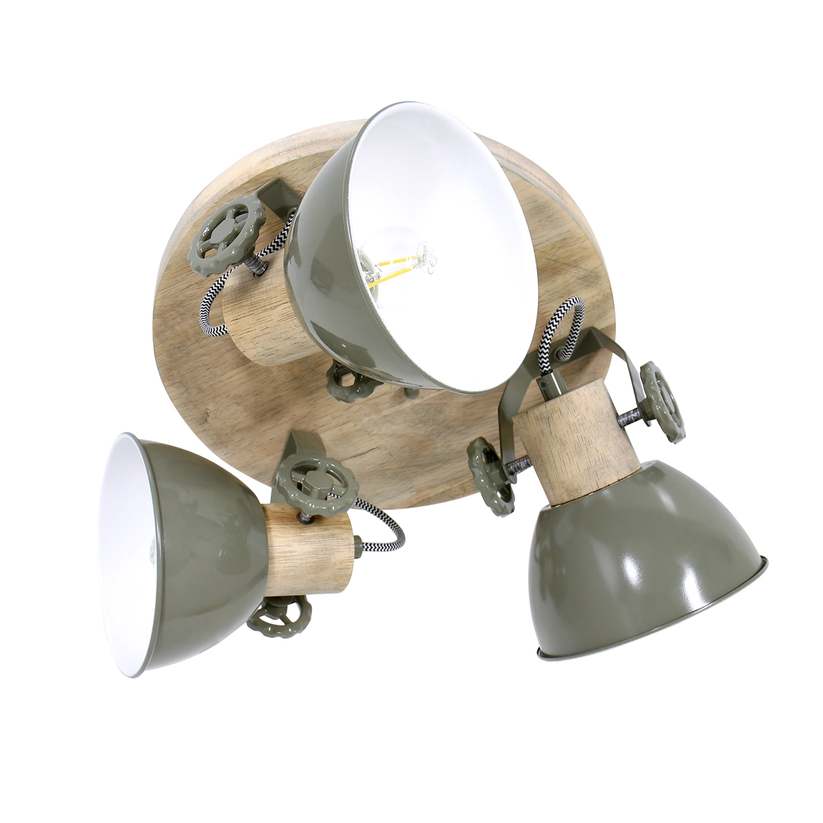 Industriële plafondlamp Gearwood 3-lichts retro groen met hout Steinhauer 8712746135398
