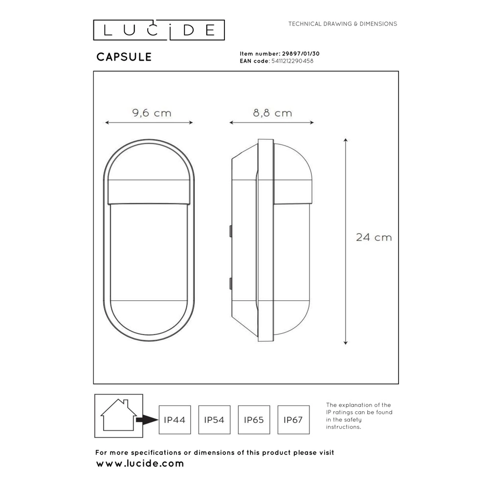 Wandlamp Capsule IP54 zwart Lucide 5411212290458