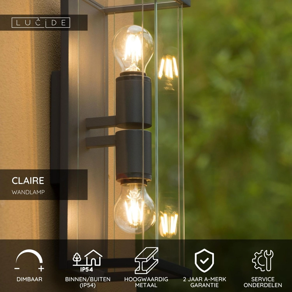 Strakke wandlamp Claire dubbel antraciet Lucide 5411212271495