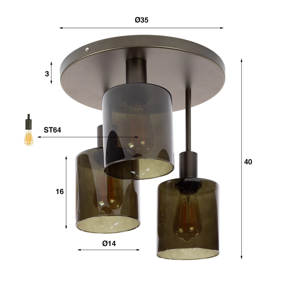 Donkerbruine plafondlamp Sepiora Ø 35cm - 3x E27 Lyora 8716803513419