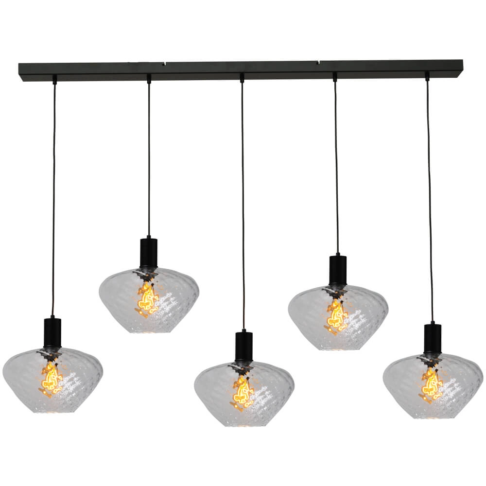 5-lichts hanglamp - zwart - Porto met Blossom clear glazen