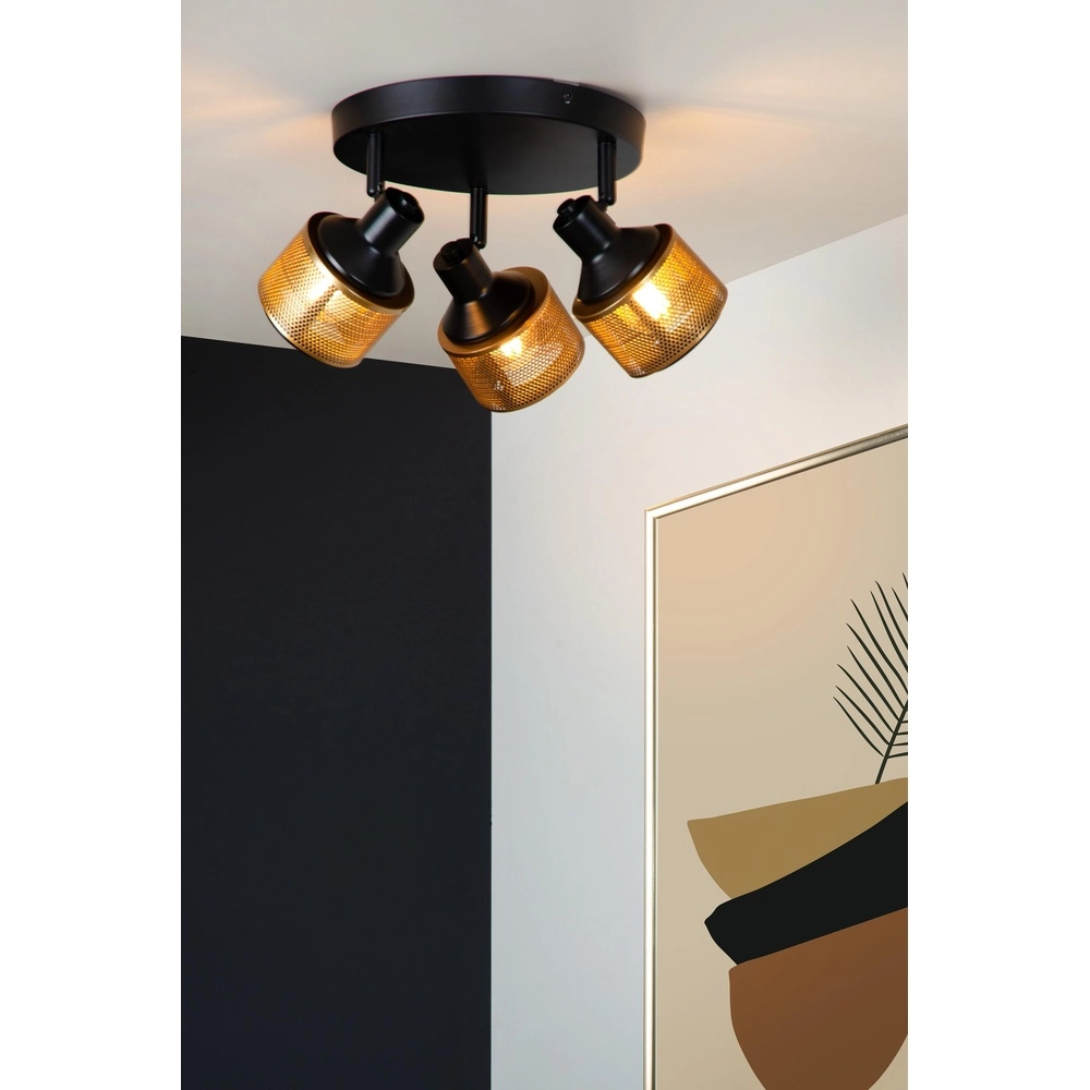 Plafondlamp Rafa 3-lichts zwart met koper Lucide 5411212771315
