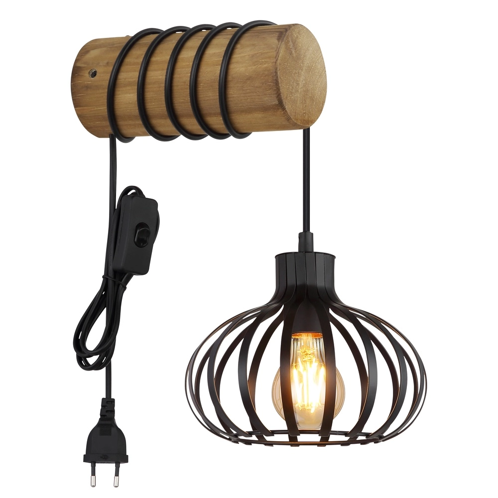 Landelijke wandlamp Caldwell zwart met hout Globo 9007371592586