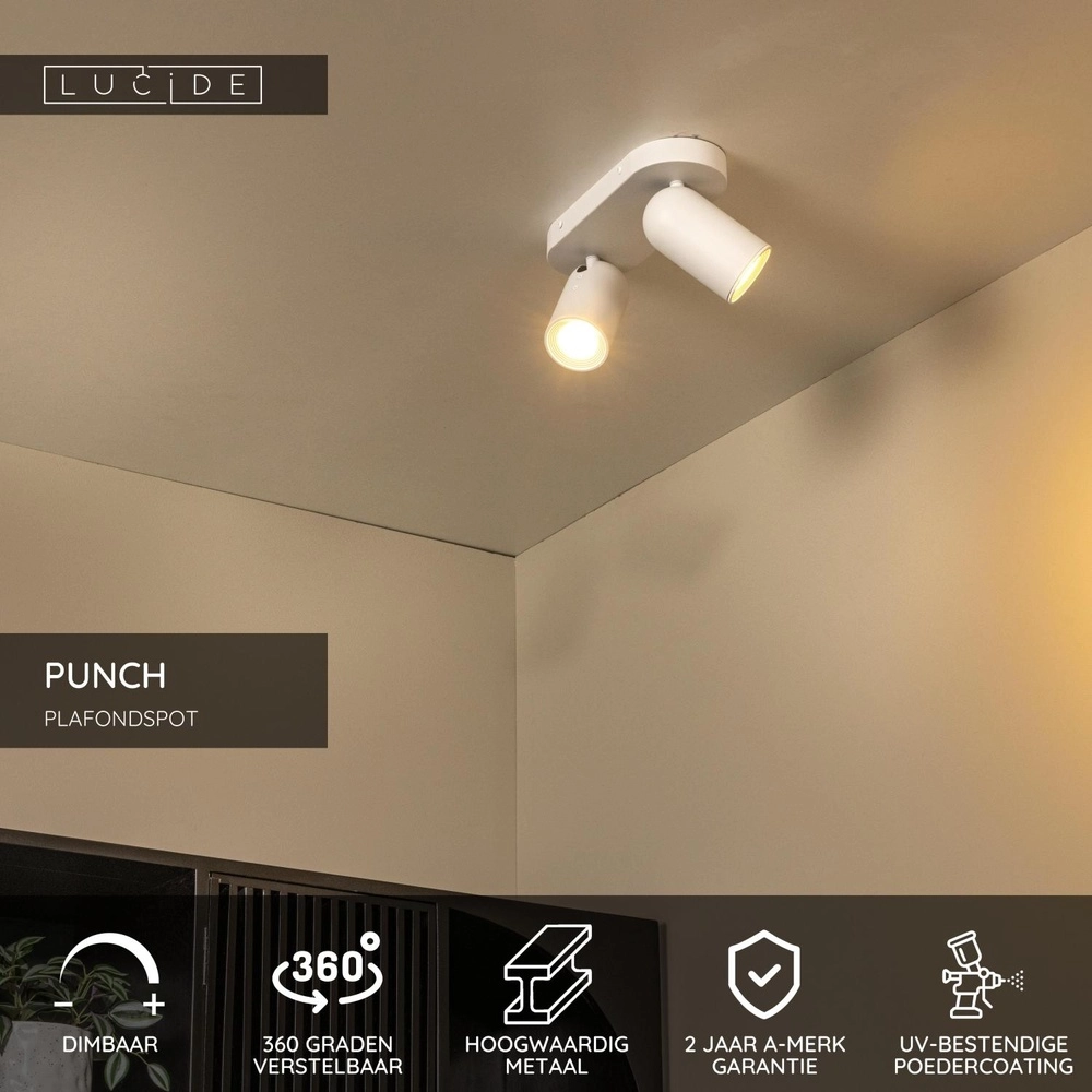 Plafondspot Punch 2-lichts wit Lucide 5411212134455