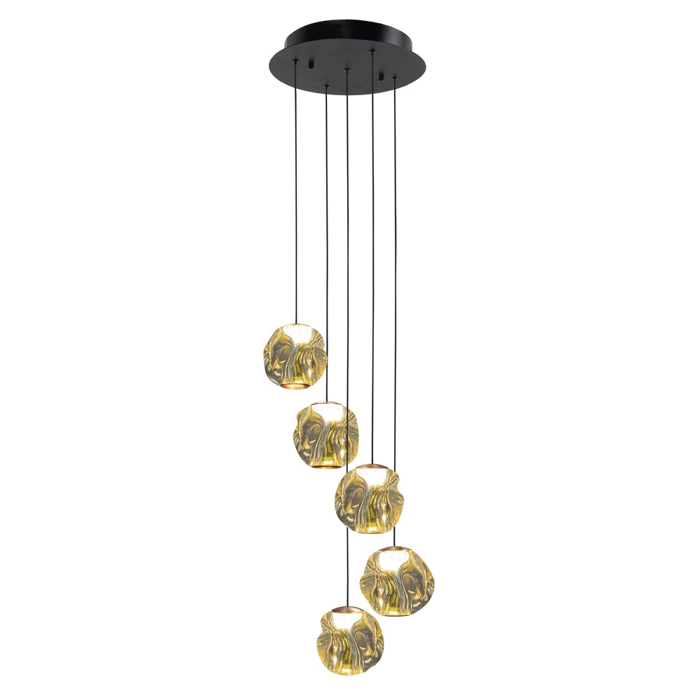 Hanglamp Melina zwart met amber glas 5-lichts