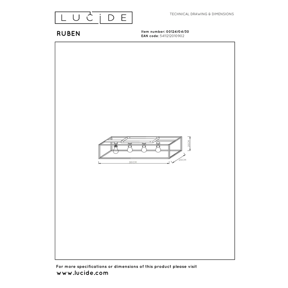 Plafondlamp Ruben zwart 80cm rechthoek Lucide 5411212010902