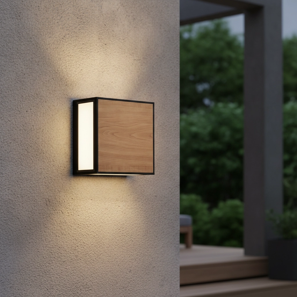 Vierkante wandlamp Astral antraciet met hout
