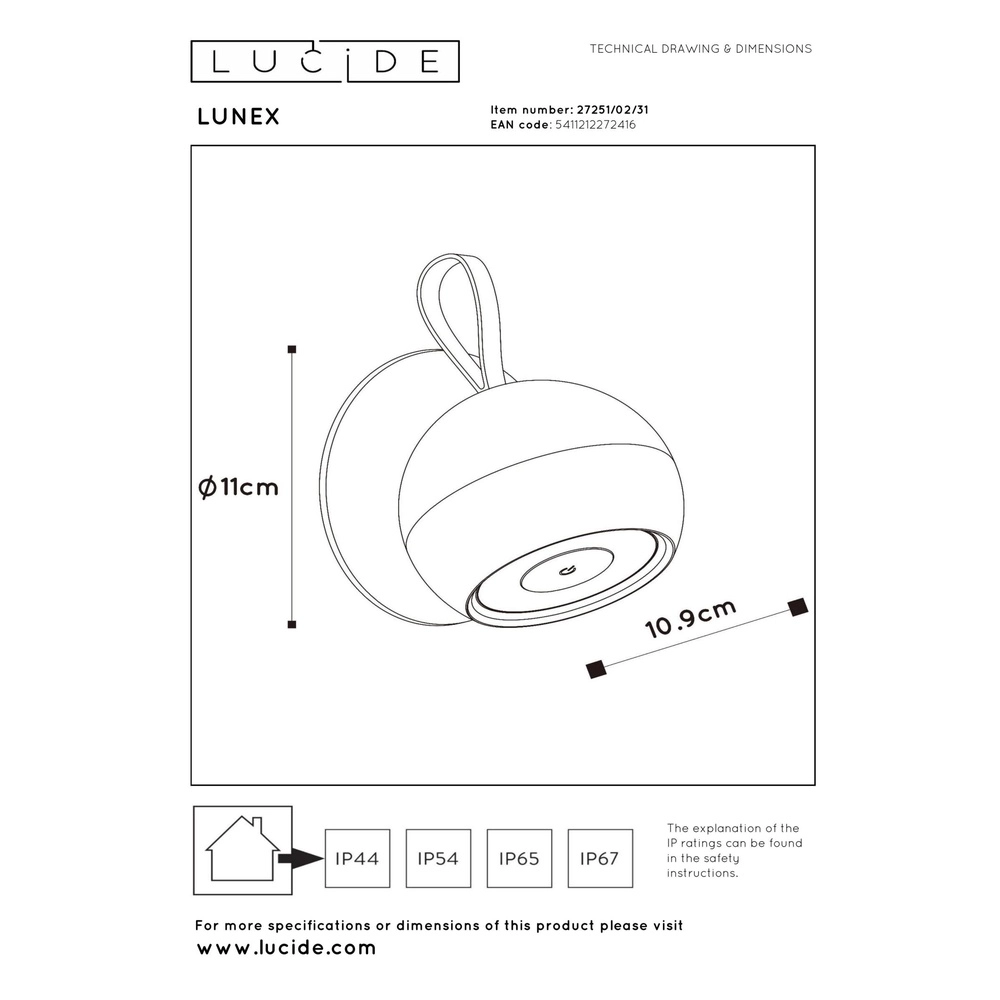 Oplaadbare wandlamp Lunex wit magnetisch Lucide 5411212272416