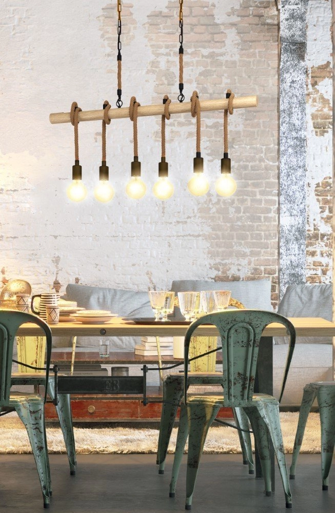 Landelijke hanglamp Youngstown 6-lichts zwart met hout Eglo 9002759433192