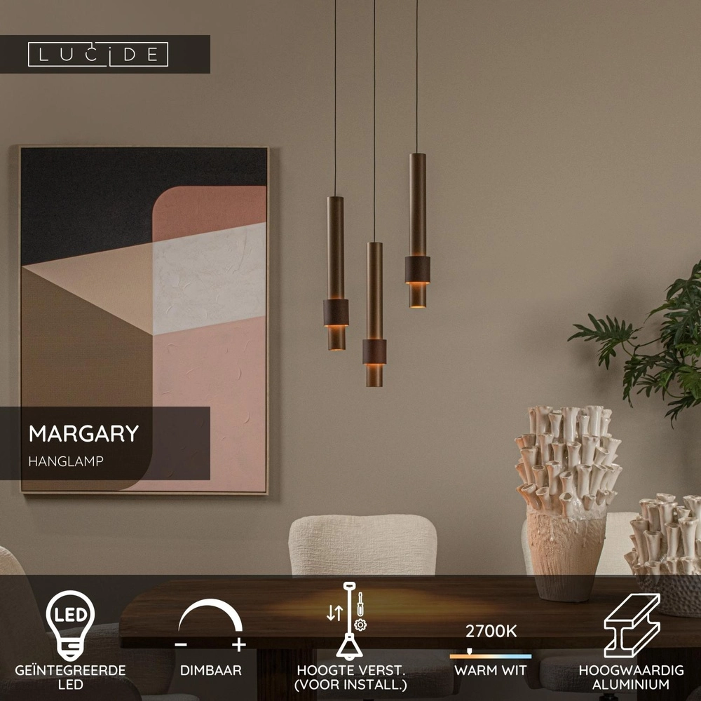 Strakke hanglamp Margary 3-lichts koffie bruin Lucide 5411212903969