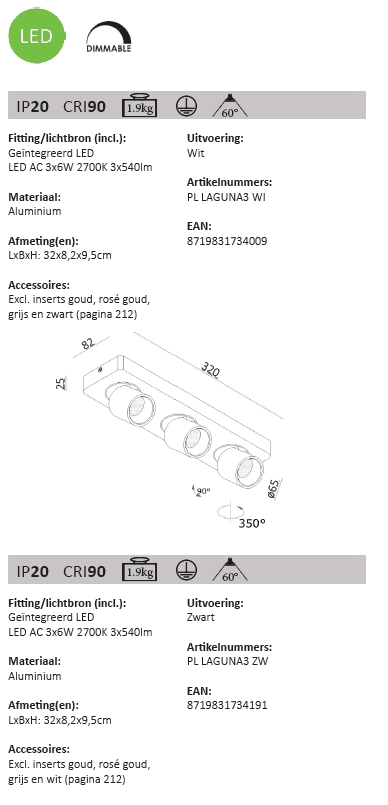 Led plafondspot Laguna 3-lichts wit Artdelight 8719831734009