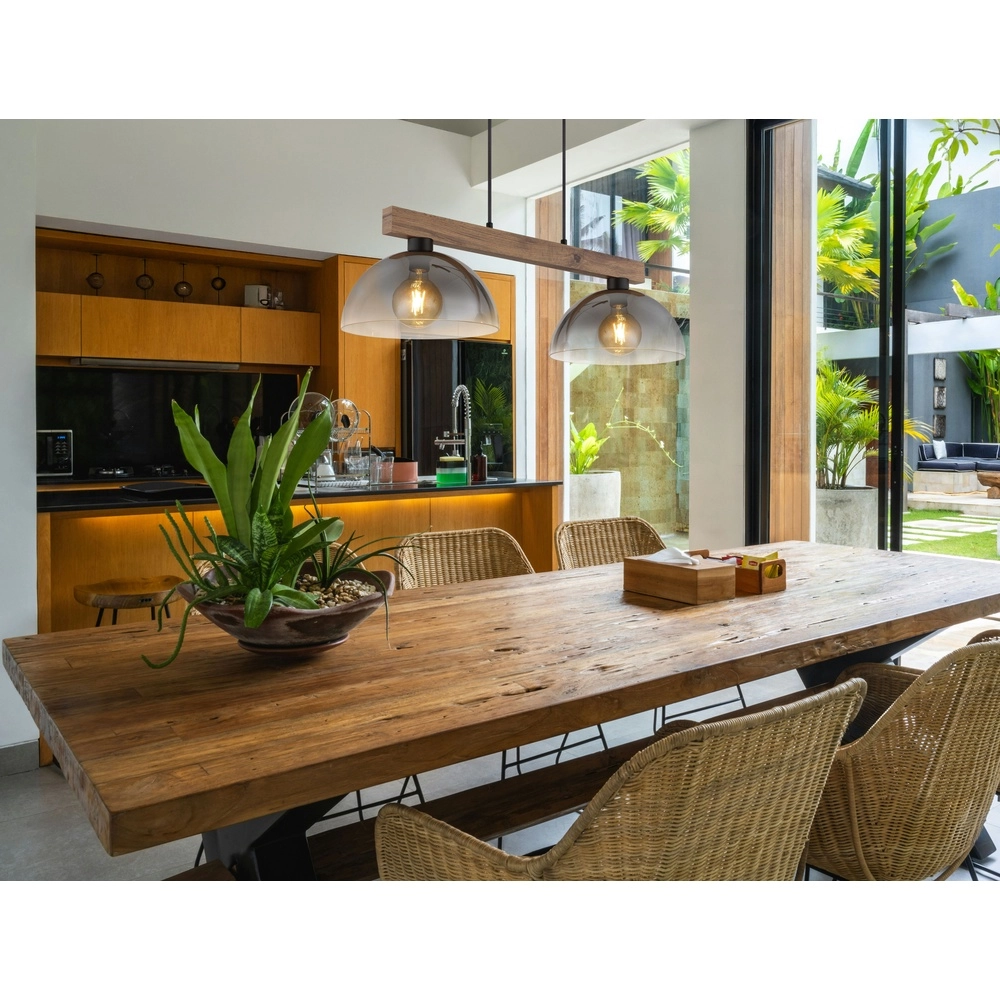 Landelijke hanglamp Romy 2-lichts zwart met hout Globo 9007371583355