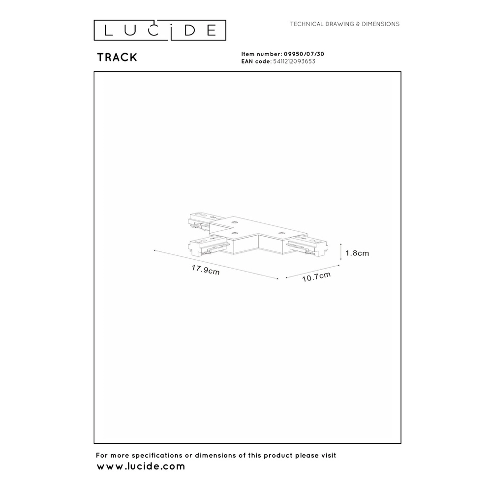 Rail T-connector (B) Track 1-fase zwart Lucide 5411212093653