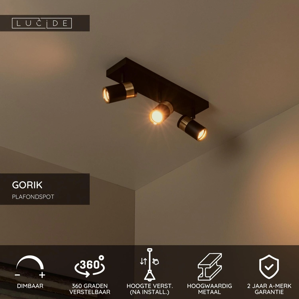 Plafondlamp Gorik 3-lichts zwart met goud Lucide 5411212530998