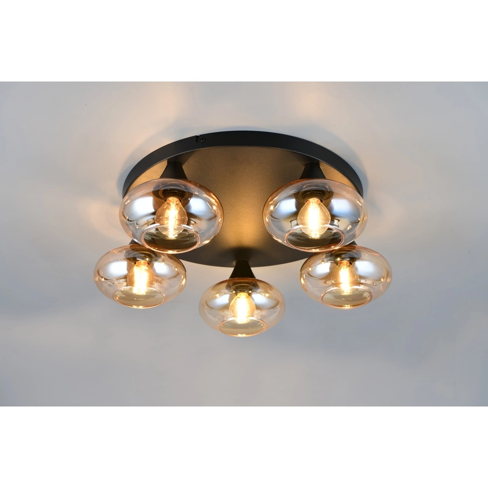 Plafondlamp Divina 5-lichts zwart met amber glas Trio 4017807667455