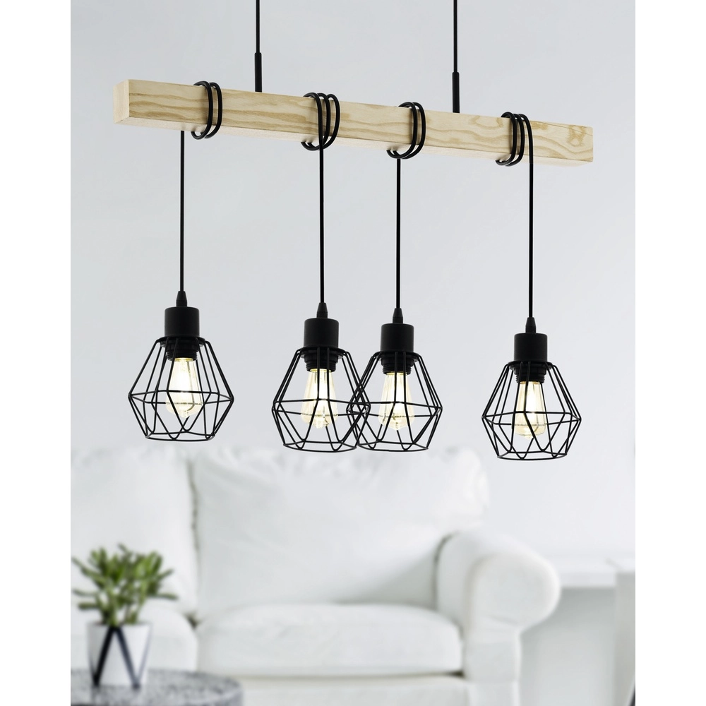 4-lichts hanglamp Townshend 5 eetkamer - zwart met hout Eglo 9002759440756