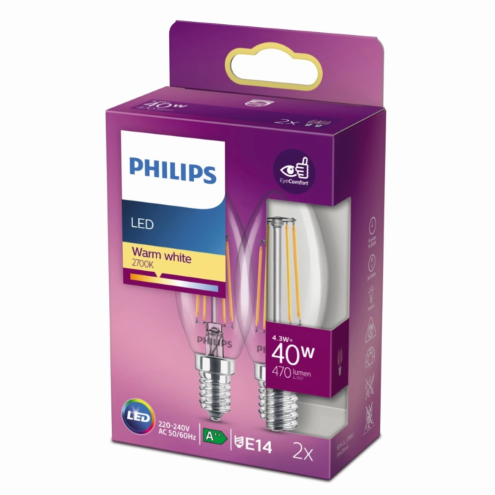 Lichtbron kaars 4,3W - E14 - 2700K - 470 lumen set van 2 transparant