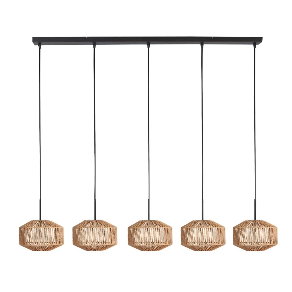 5-lichts hanglamp recht Ropex met rotan kappen