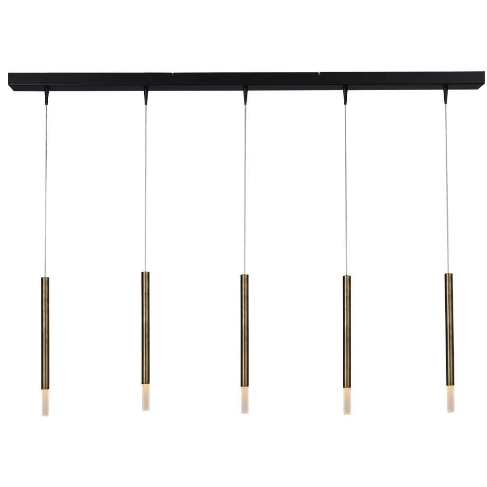 Zwarte eettafel hanglamp Flute 5-lichts gouden cilinder