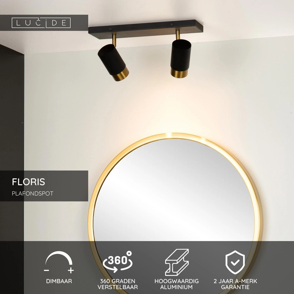 Plafondspot Floris dubbel zwart Lucide 5411212351784