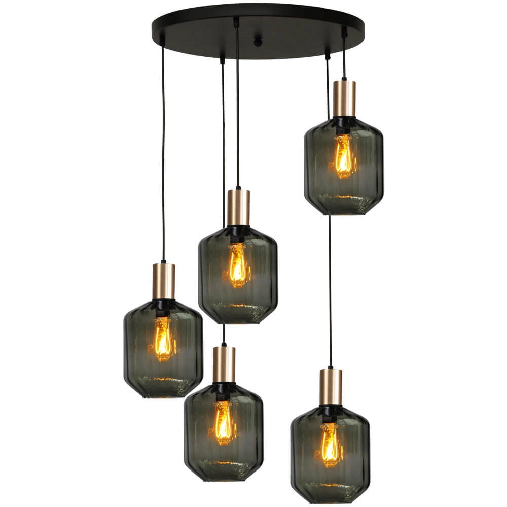 5-lichts vide hanglamp - goud - Porto met Jagger green glazen
