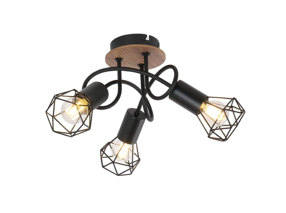 Plafondlamp Xara I zwart met hout 3-lichts