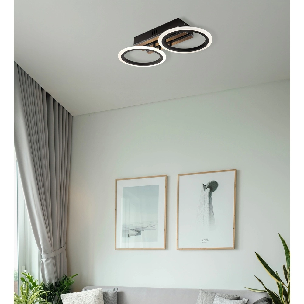 Plafondlamp Blevins zwart met hout 2 ringen Globo 9007371572168