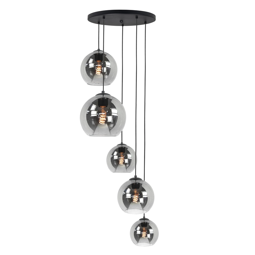 5-lichts hanglamp Fantasy zwart met smoke glas