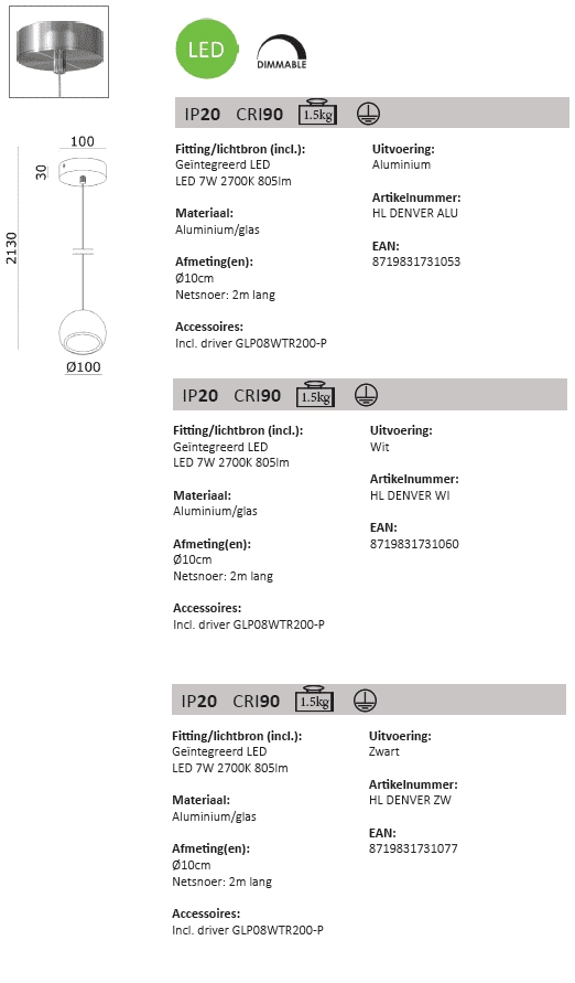 Strakke hanglamp Denver Ø 10cm wit Artdelight 8719831731060