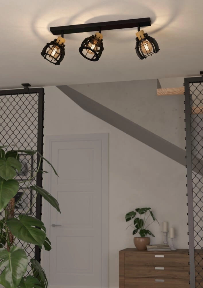 3-lichts plafondlamp Stillington 1 zwart met hout Eglo 9002759439286