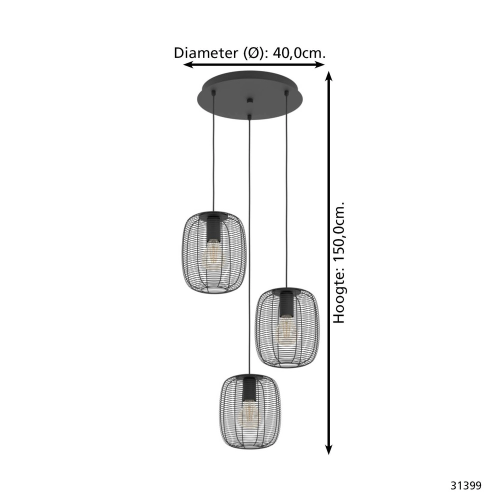 3-lichts draadlamp Derwen Hang - Ø 40cm - zwart Eglo 9002759313999