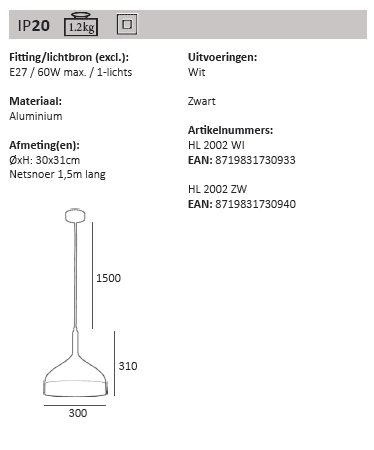 Ø 30cm hanglamp Moondrop 30cm wit met houtbruin Artdelight 8719831730933