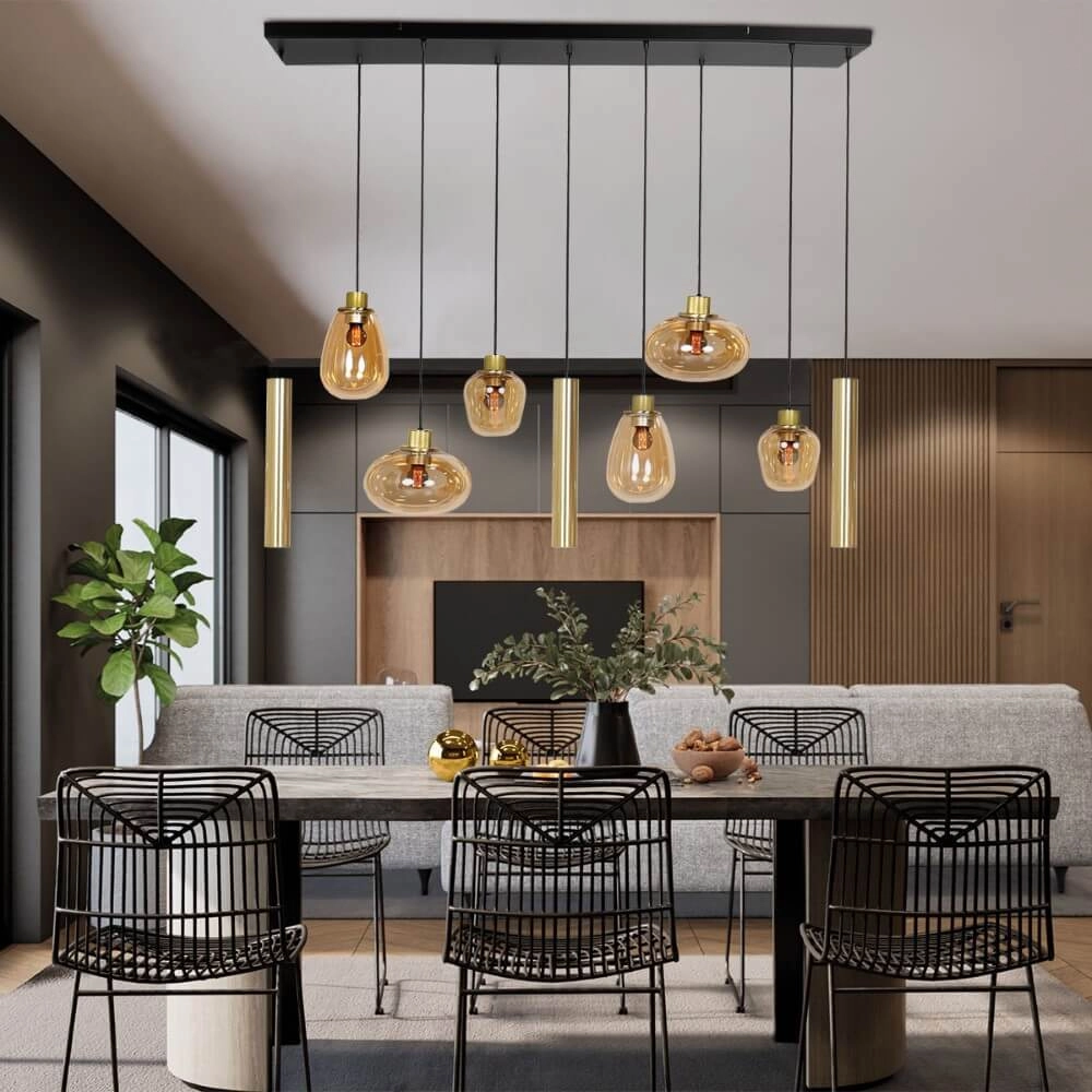 Eettafel hanglamp Reflexion goud met amberglas Steinhauer 8712746172966