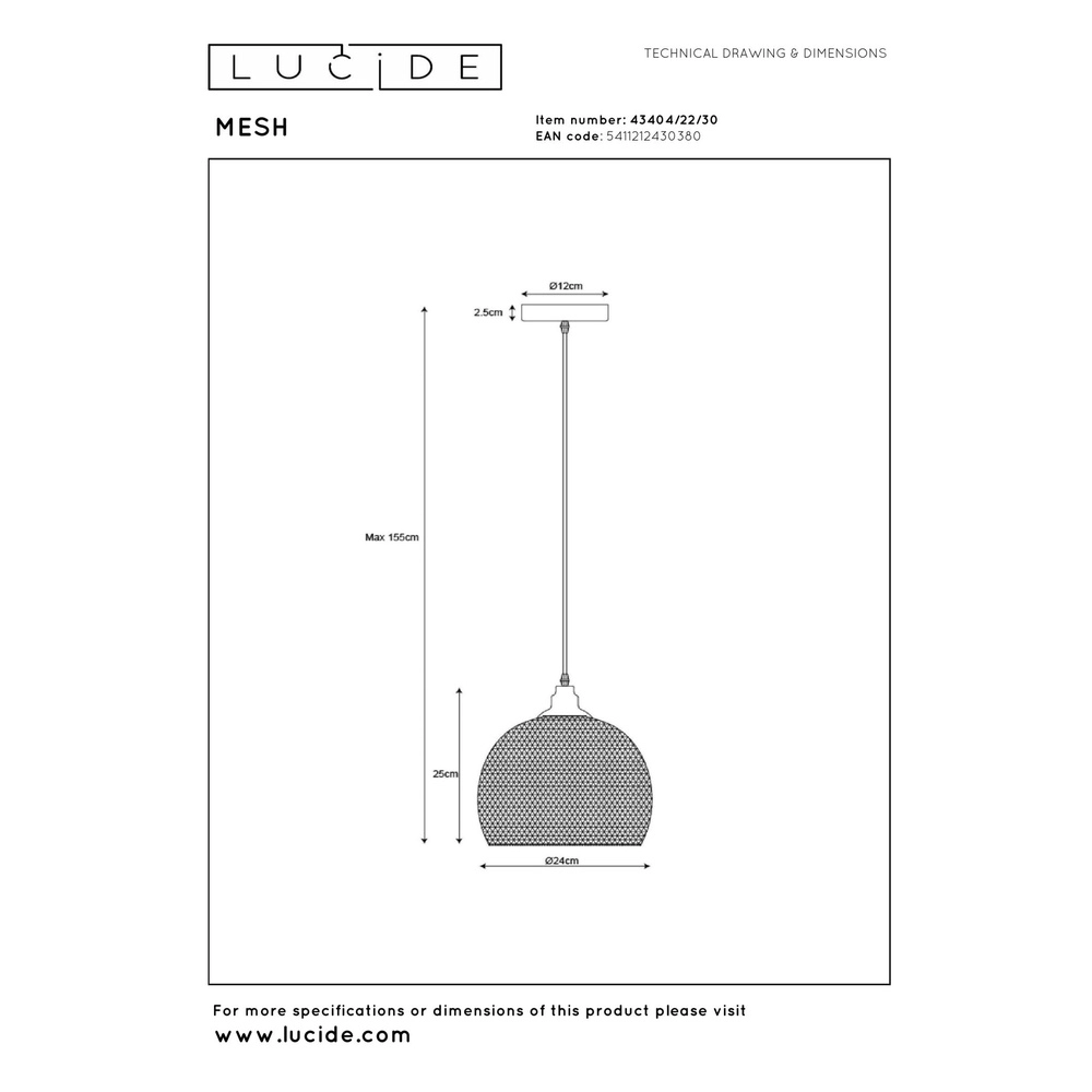 Gaas hanglamp Mesh Ø 22cm zwart Lucide 5411212430380