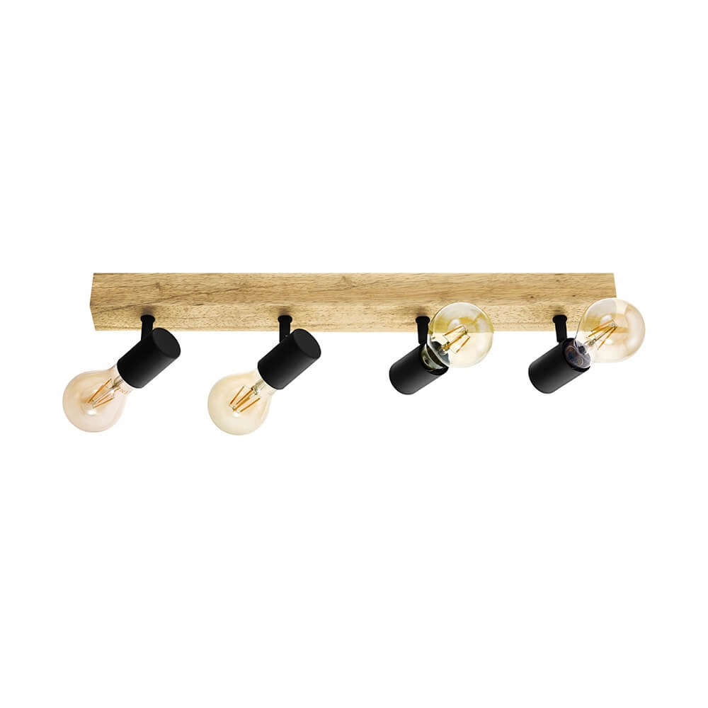 Landelijke plafondlamp Townshend 3 4-lichts zwart met hout Landelijke plafondlamp Townshend 3 4-lichts zwart met hout