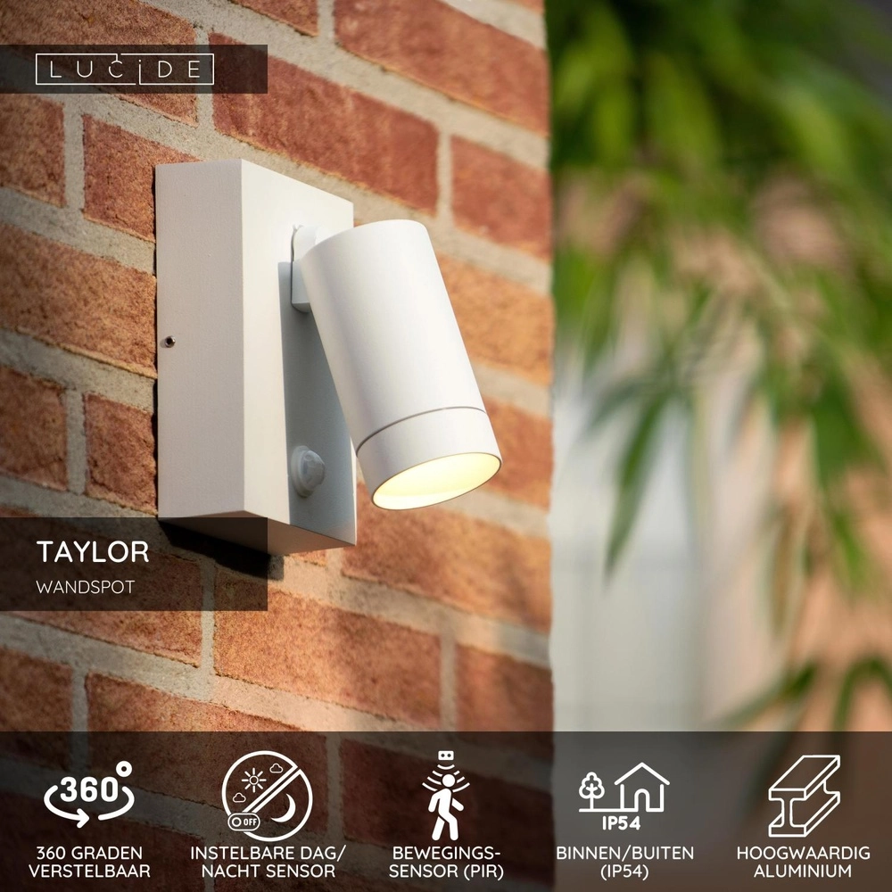 Wandspot Taylor IP54 met sensor wit Lucide 5411212092700