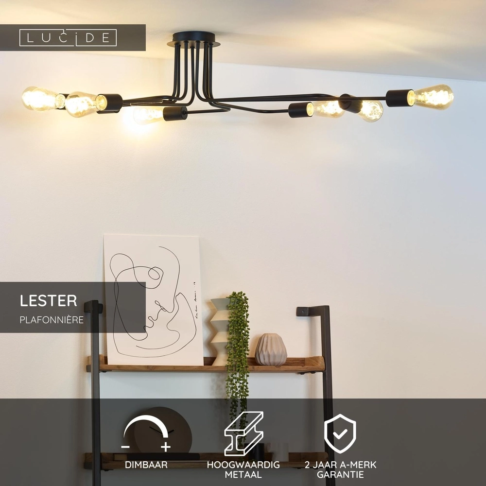 Plafondlamp Lester 8-lichts zwart Lucide 5411212210906