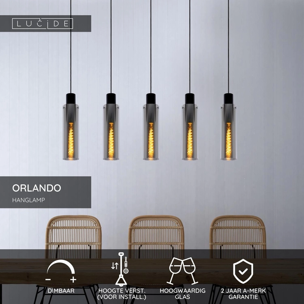 5-lichts hanglamp Orlando smoke glas Lucide 5411212740748