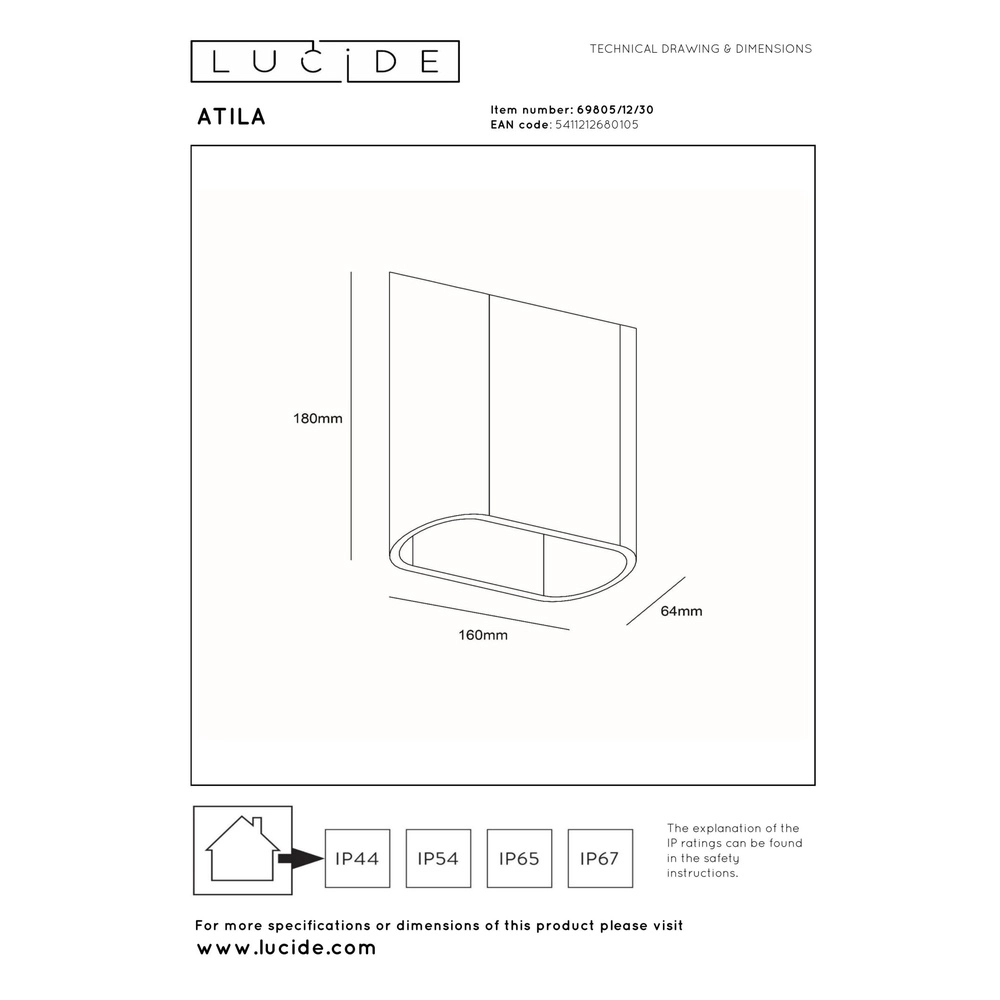 Design wandlamp Atila up en down zwart IP65 Lucide 5411212680105